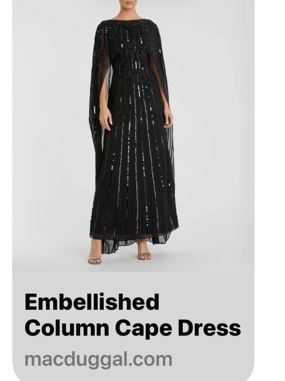 Mac Duggal Black  Sequin Maxi Column Cape Dress NWT